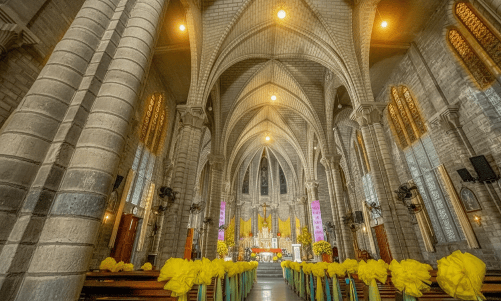 The cathedral incorporates subtle neon lighting
